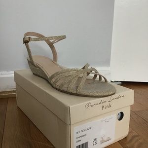 Formal champagne one inch wedge sandals